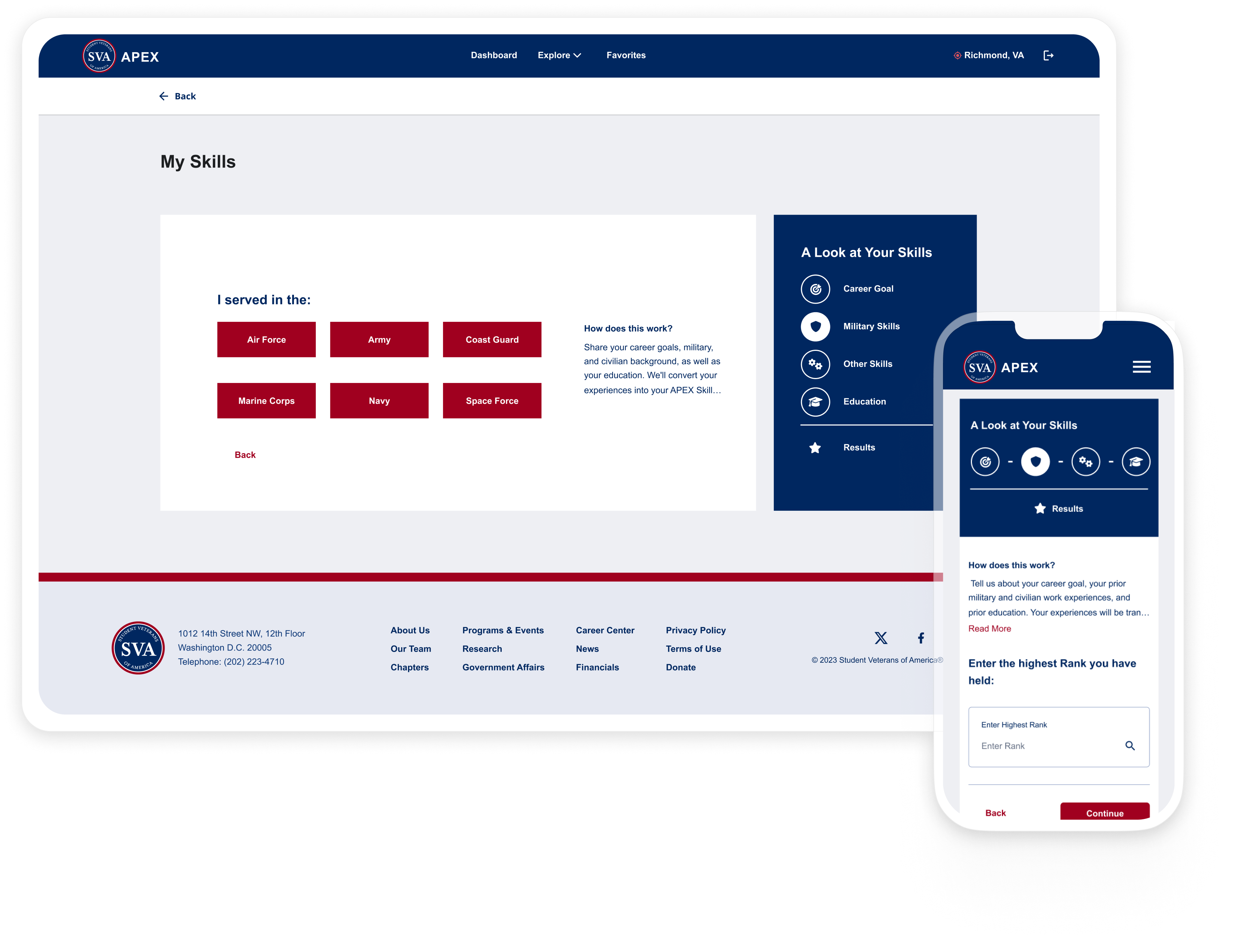 APEX adaptive onboarding — military branch selection with skills progress sidebar