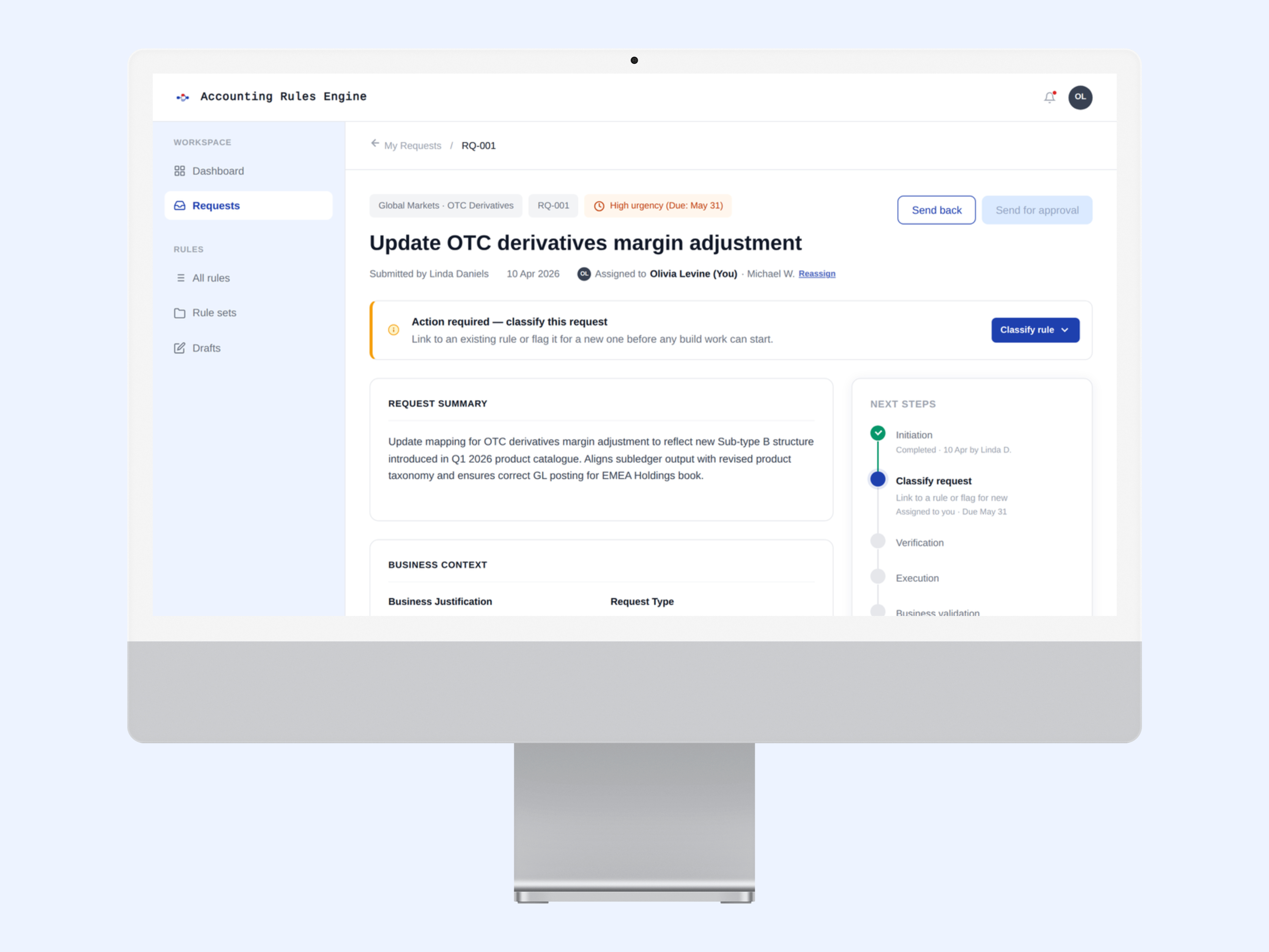 Accounting Rules Engine — request details screen on iMac