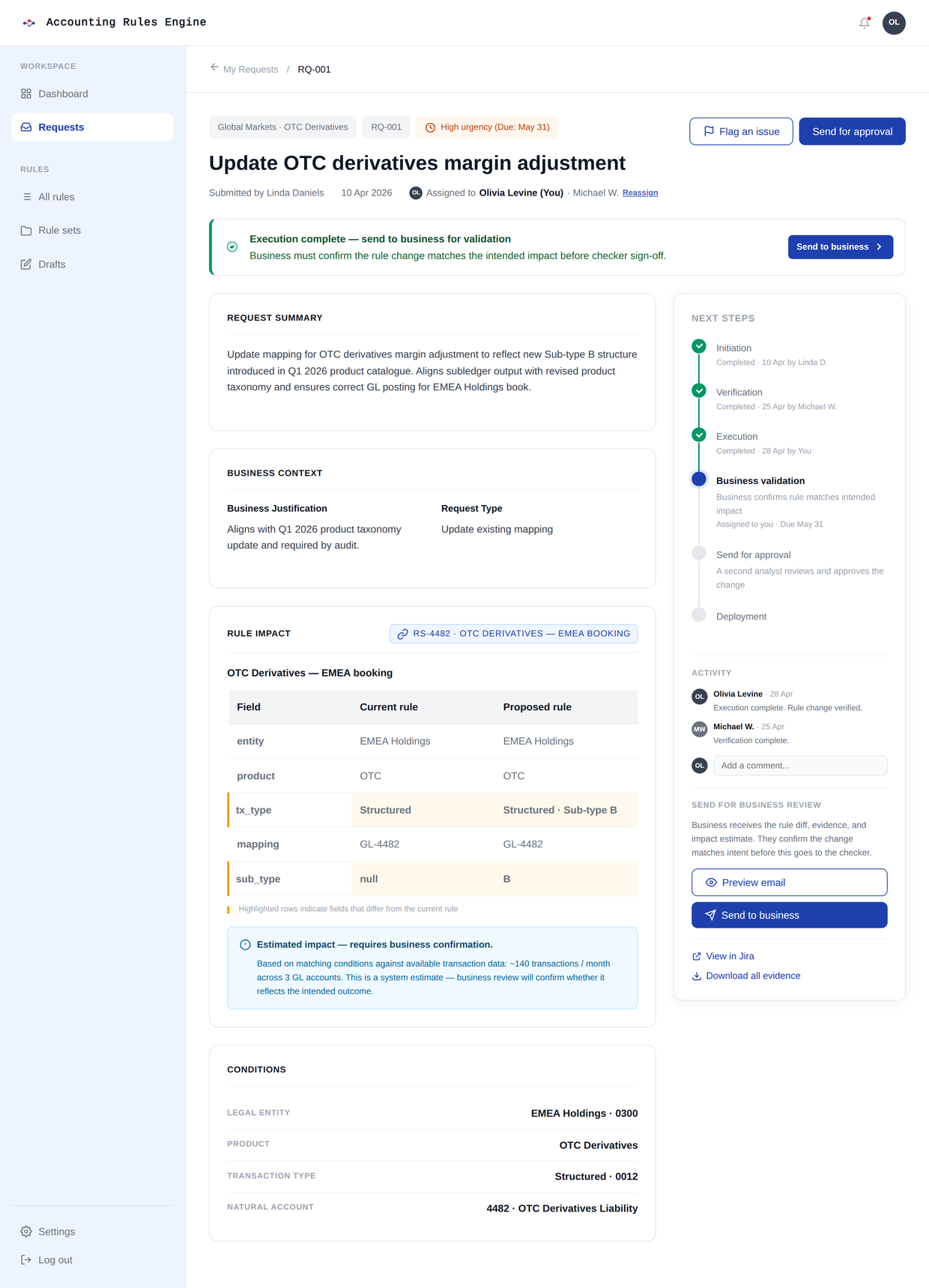 Approval state of the request details screen showing the rule impact diff and approval handoff