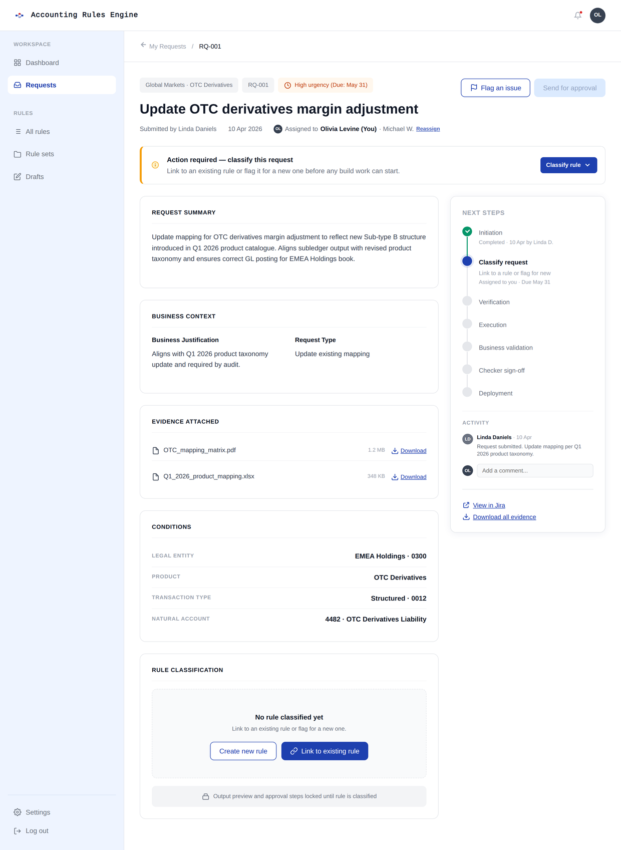 Incoming state of the request details screen showing the status banner and rule classification